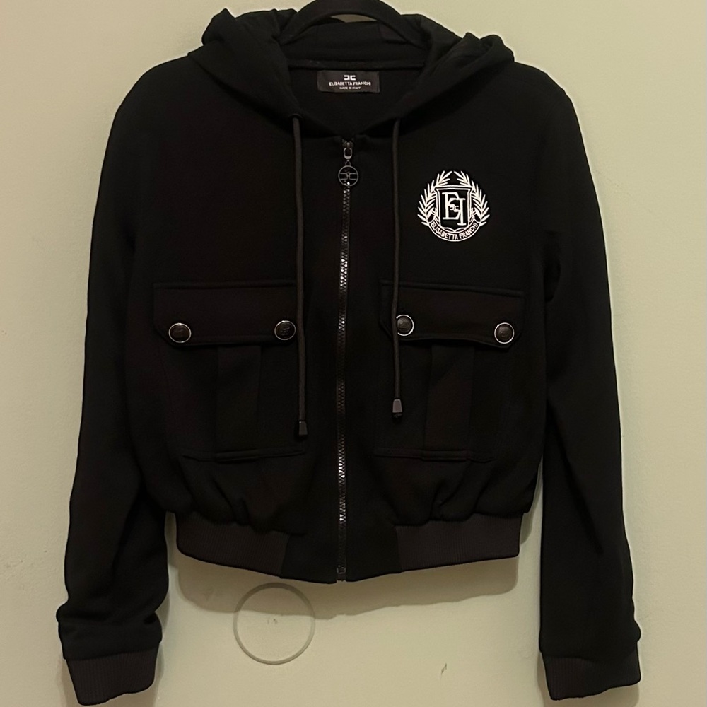 Elisabetta Franchi Knit Zip up Hooded Sweatshirt Embroidered Logo NWOT Small